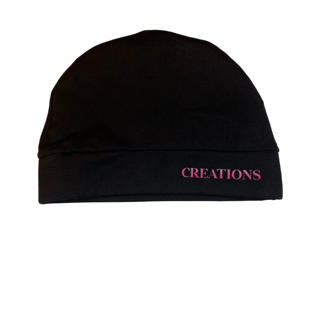 creations satin lined skull cap pink logo