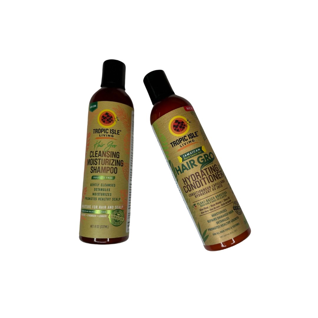 Two bottles of Jamaican Black Castor Oil hair care products, one labeled as cleansing moisturizing shampoo and the other as hydrating conditioner.