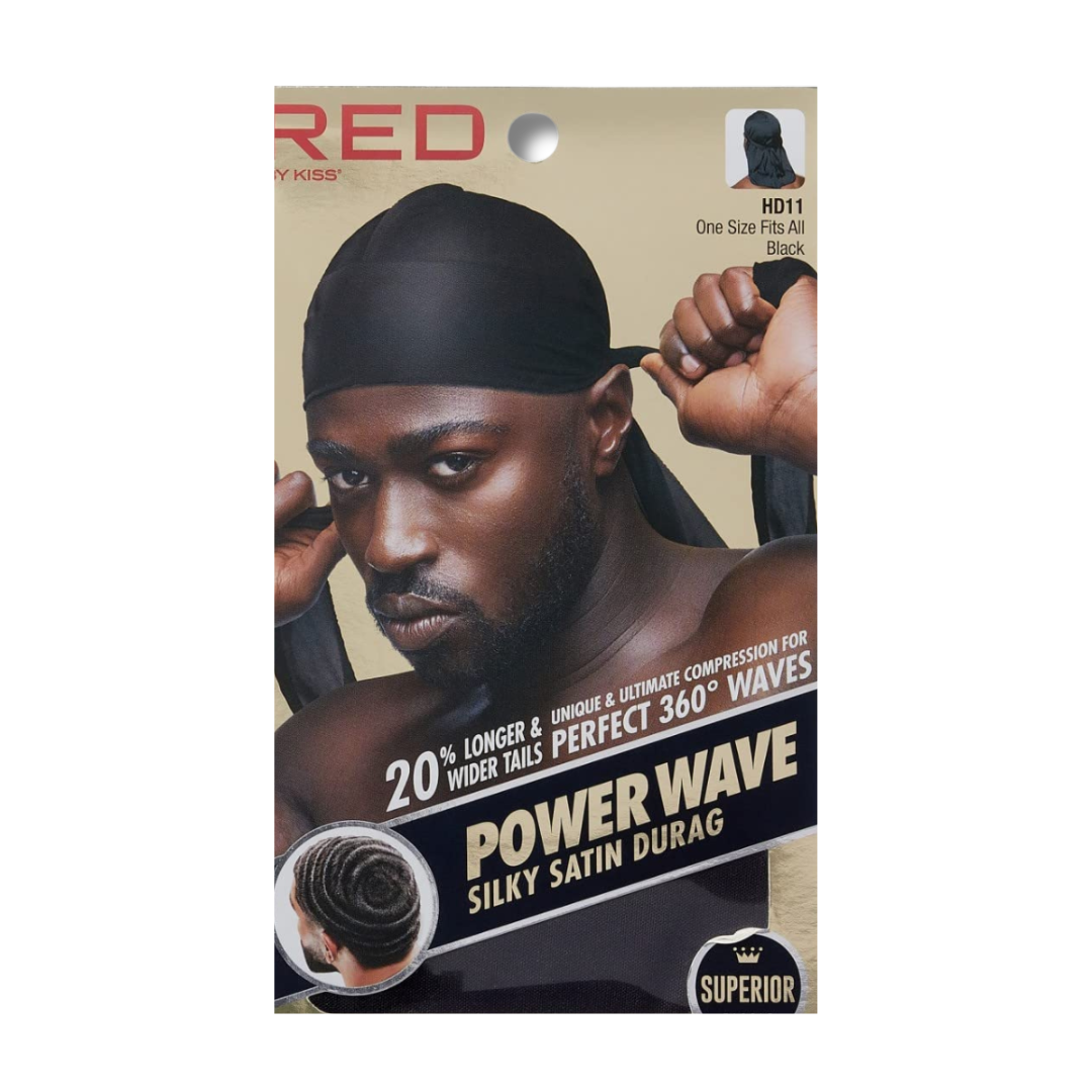 Package of Power Wave Silky Satin Durag with a model wearing it on a beige background