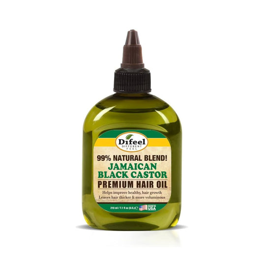 Bottle of Difeel Jamaican Black Castor Premium Hair Oil on a white background