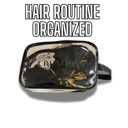 Black and gold toiletry bag with 'sc'nd Creations' label on a white background, text 'HAIR ROUTINE ORGANIZED' above.