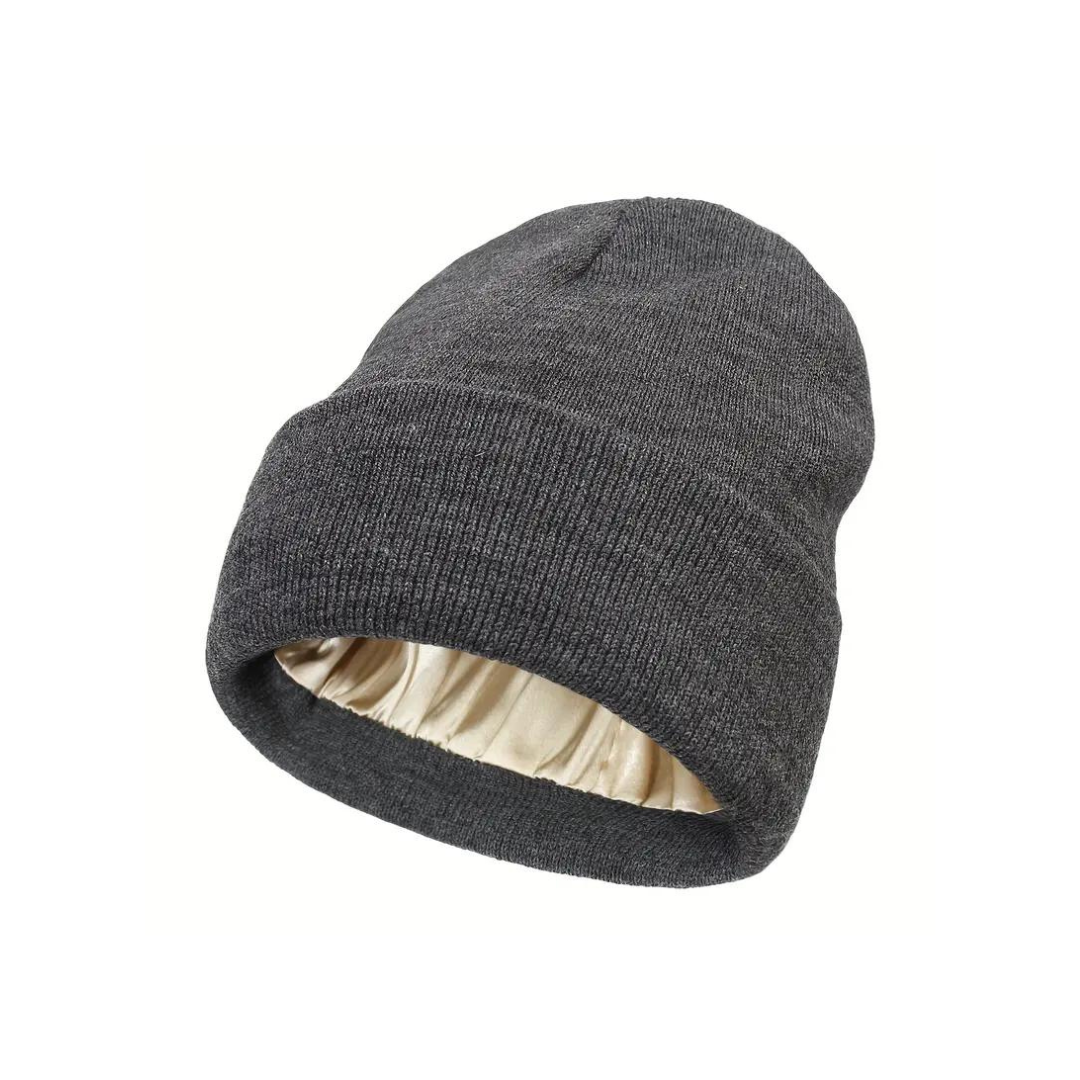 dark grey silk linked beanie winter hat 