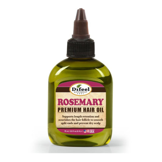 A bottle of Difeel Rosemary Oil with a label that includes the product name and its benefits, such as supporting hair length retention and preventing dry scalp.