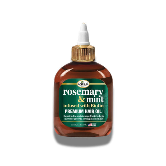 Bottle of Difeel rosemary & mint infused with Biotin premium hair oil on a white background