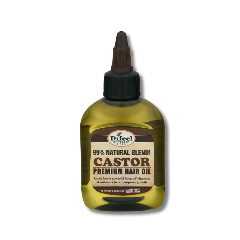 Bottle of Difeel Castor Premium Hair Oil on a white background