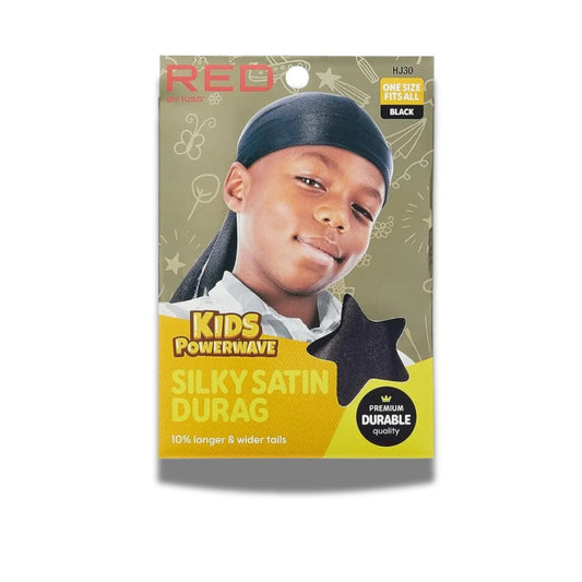 Packaging of a kids' durag with a child model on a beige background