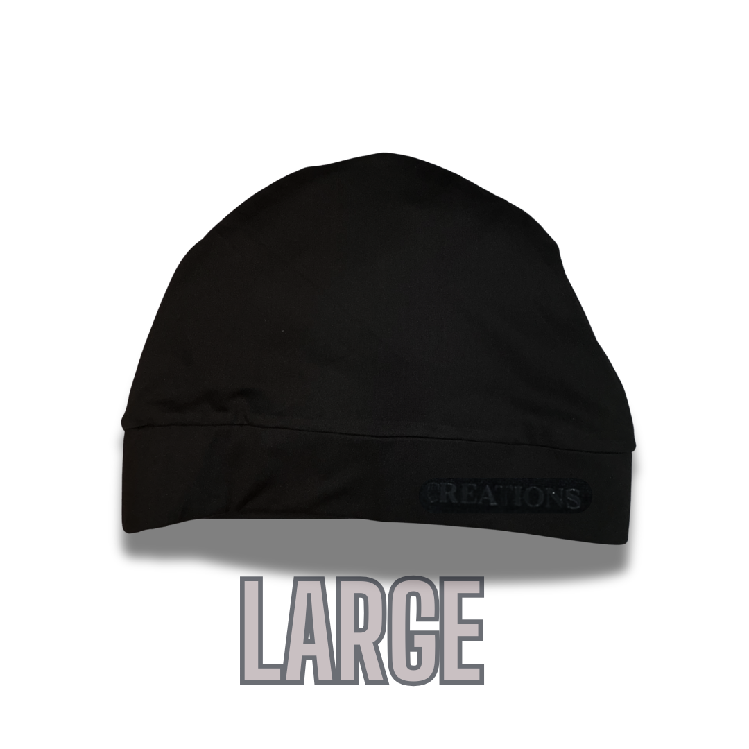 Black beanie with black 'CREATIONS' branding on a white background