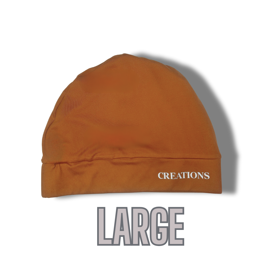 Brown beanie with white 'CREATIONS' logo on a white background