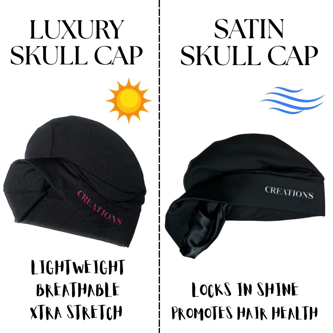 Two black skull caps labeled 'Luxury Skull Cap' and 'Satin Skull Cap' with text describing their features.