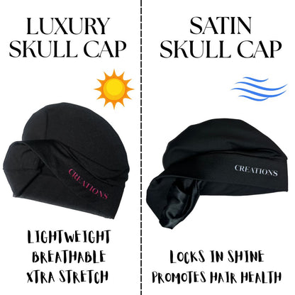 Two black skull caps labeled 'Luxury Skull Cap' and 'Satin Skull Cap' with text describing their features.