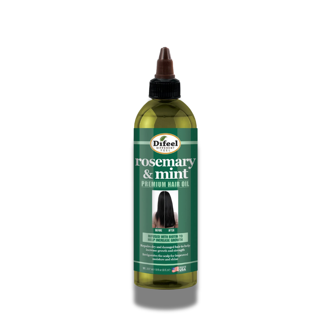 Bottle of Difeel Rosemary & Mint Premium Hair Oil on a white background